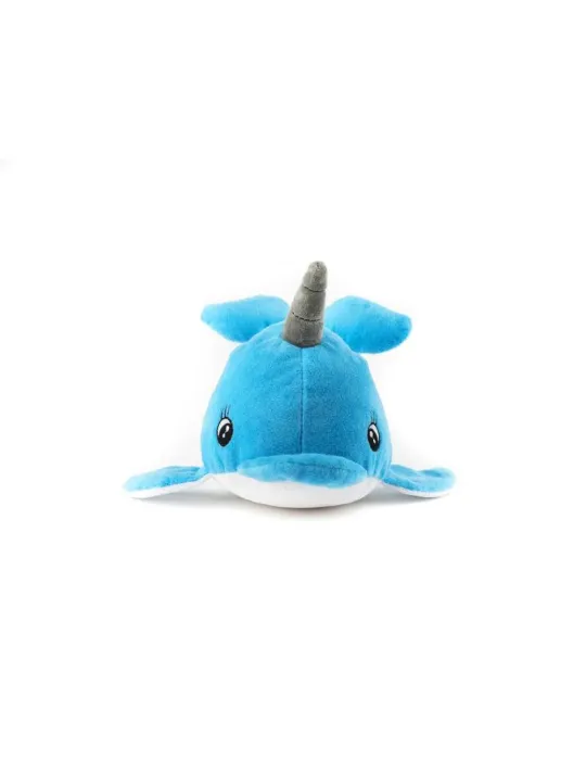 Peluche narval azul para perros Gloria Pets con cuerno gris visto de frente