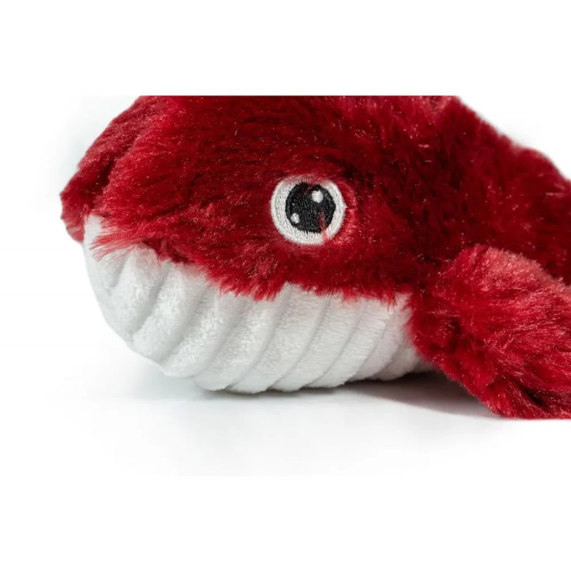 Detalle del ojo bordado en peluche ballena roja Gloria Pets
