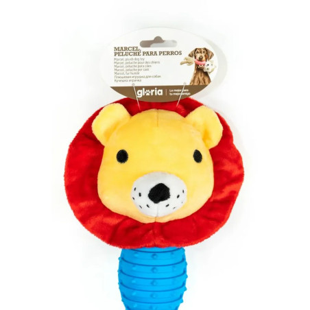 Primer plano mordedor león Marcel Gloria Pets para perros con packaging