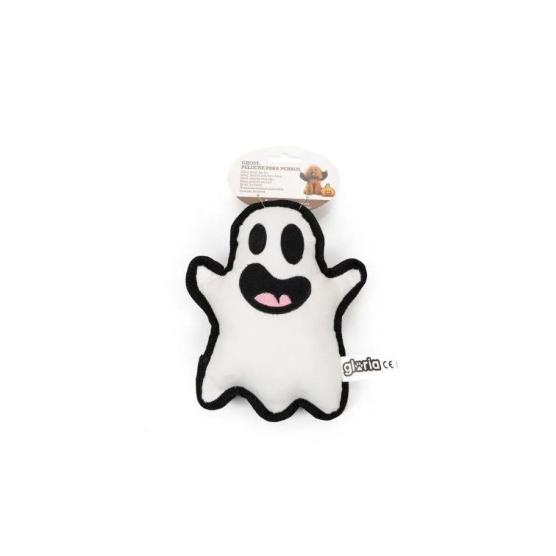 Peluche fantasma blanco con bordes negros para perros y gatos, juguete con sonido