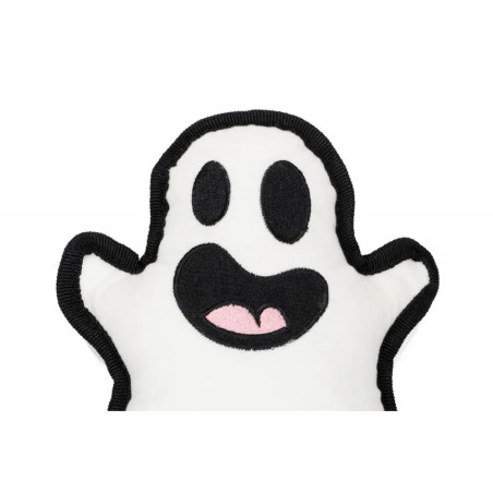 Detalle en primer plano del peluche fantasma para perros, con costuras negras y cara bordada