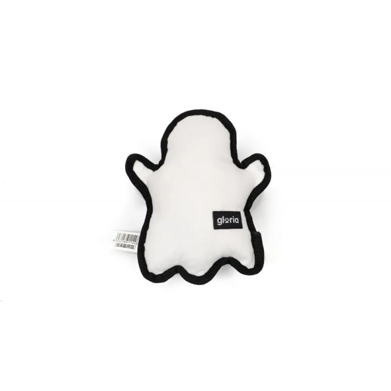 Vista trasera del peluche fantasma Gloria para perros, etiqueta de marca y acabado blanco