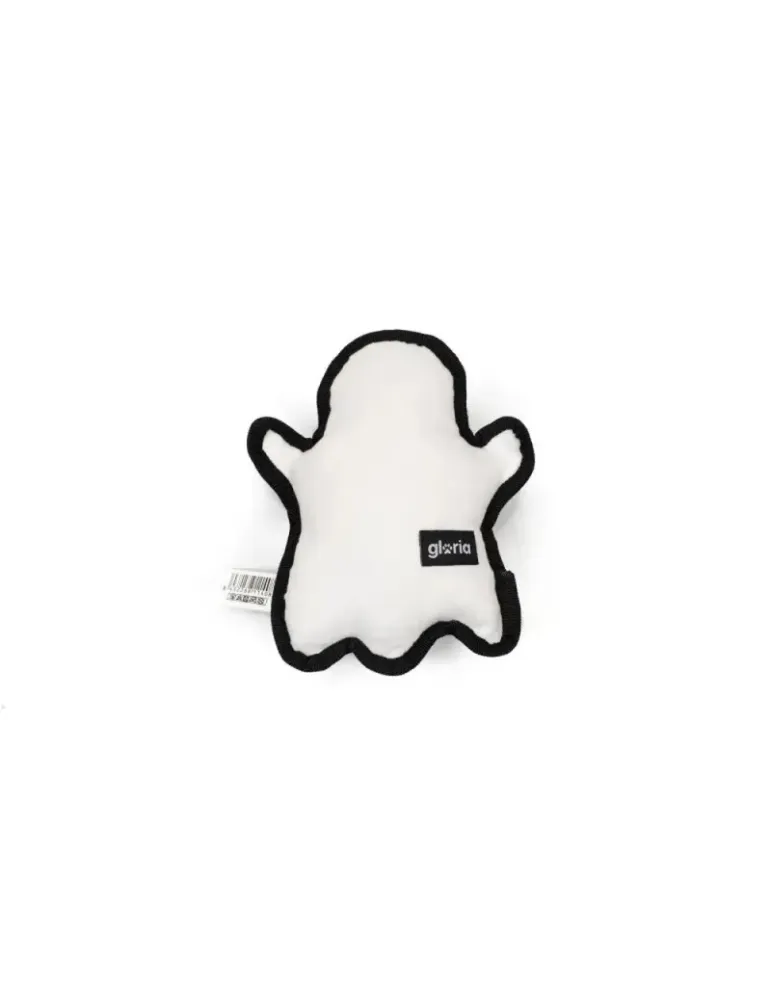 Gloria Peluche Fantasma Ghost — vista trasera del peluche fantasma Gloria para perros, etiqueta de marca y acabado blanco