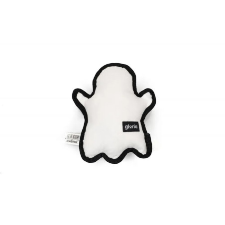 Vista trasera del peluche fantasma Gloria para perros, etiqueta de marca y acabado blanco