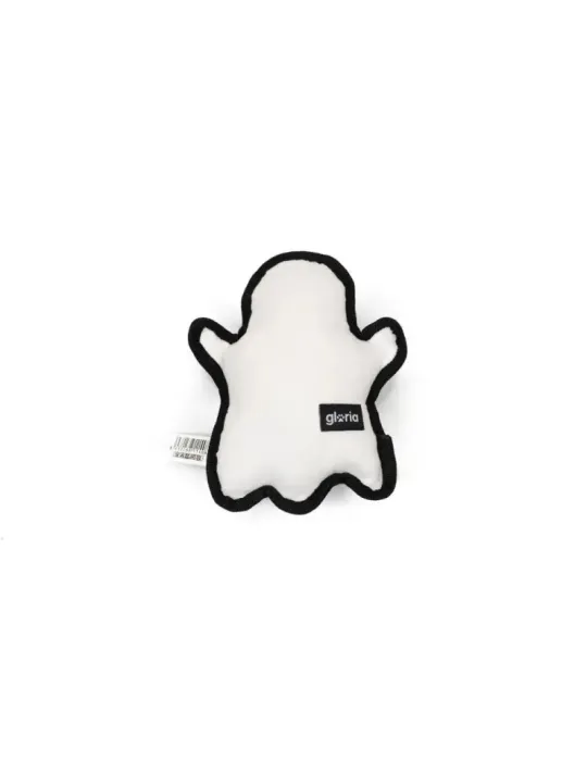 Gloria Peluche Fantasma Ghost — vista trasera del peluche fantasma Gloria para perros, etiqueta de marca y acabado blanco