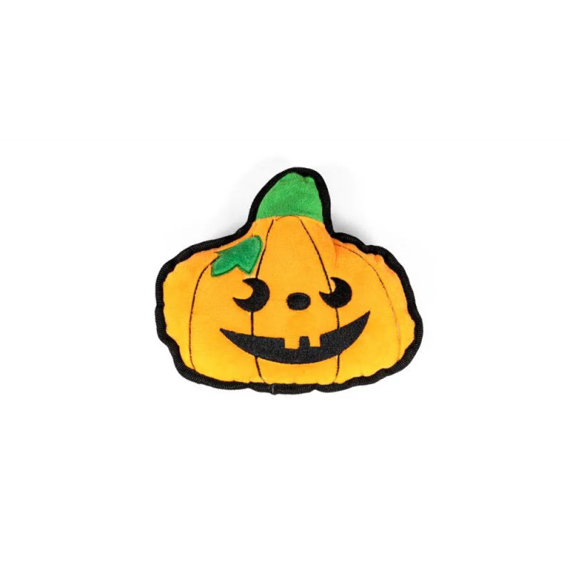 Peluche en forma de calabaza de Halloween para perros, con cara bordada y ribete negro