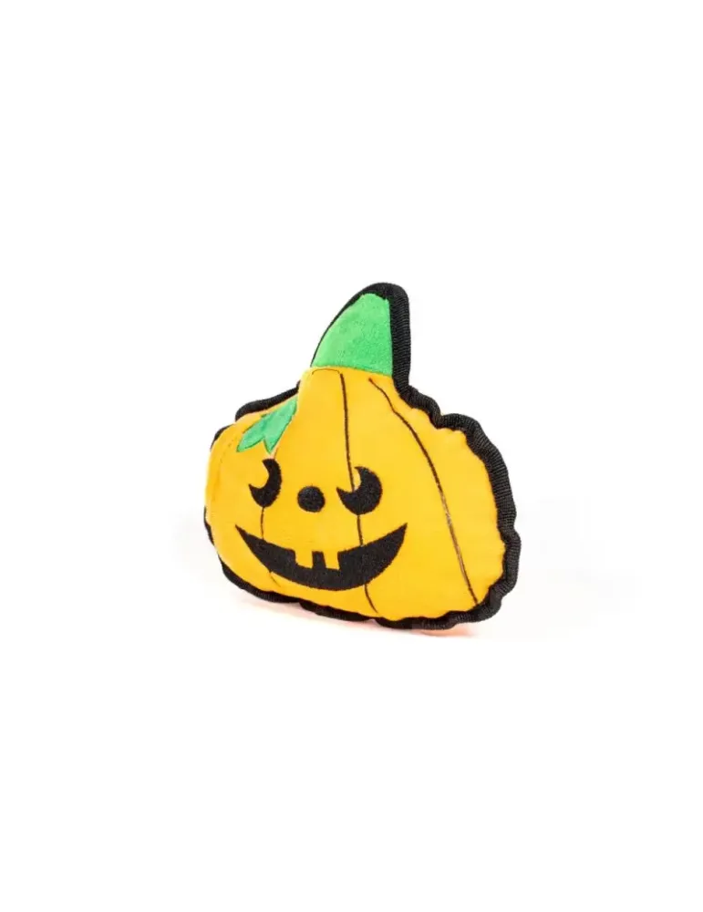 Gloria Peluche Calabaza Pumpkin — juguete calabaza Halloween para perros visto desde un lado, con ribete negro y diseño bordado