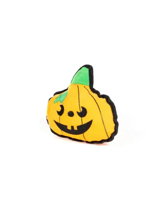Gloria Peluche Calabaza Pumpkin — juguete calabaza Halloween para perros visto desde un lado, con ribete negro y diseño bordado