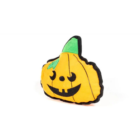 Juguete calabaza Halloween para perros visto desde un lado, con ribete negro y diseño bordado