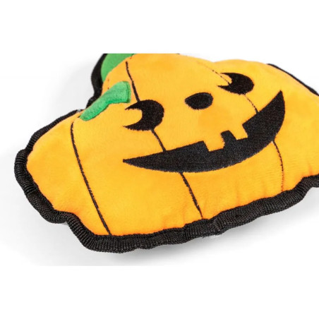 Detalle del bordado de la cara en peluche calabaza Halloween para perros