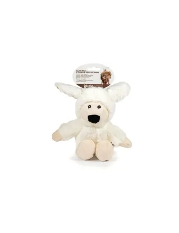 Peluche para perros Gloria Pets con forma de oveja color blanco, vista frontal con packaging