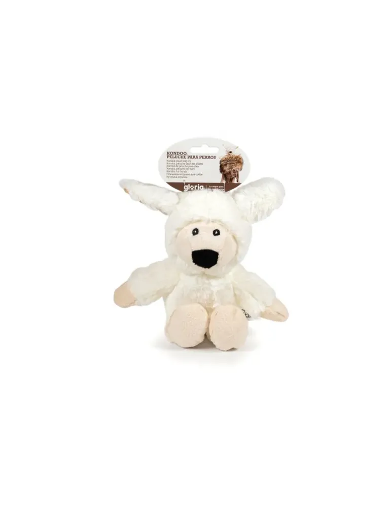 Peluche para perros Gloria Pets con forma de oveja color blanco, vista frontal con packaging