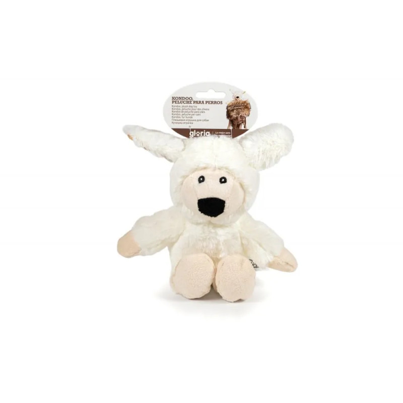 Peluche para perros Gloria Pets con forma de oveja color blanco, vista frontal con packaging