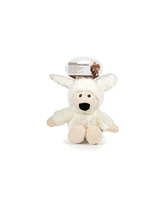 Peluche para perros Gloria Pets con forma de oveja color blanco, vista frontal con packaging