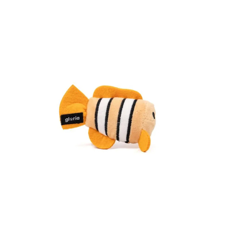 Vista lateral del peluche Gloria Oleg para perros, juguete en forma de pez con rayas y sonido
