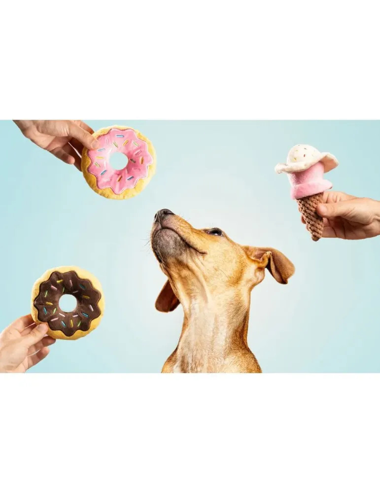 Perro observando donuts y helado de peluche para perros Gloria Pets