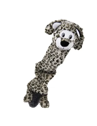 Peluche para perros KONG Skinny Peltz con estampado de leopardo, diseño sin relleno, felpa suave y chirriadores múltiples.