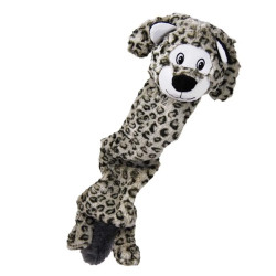 Peluche para perros KONG Skinny Peltz con estampado de leopardo, diseño sin relleno, felpa suave y chirriadores múltiples.