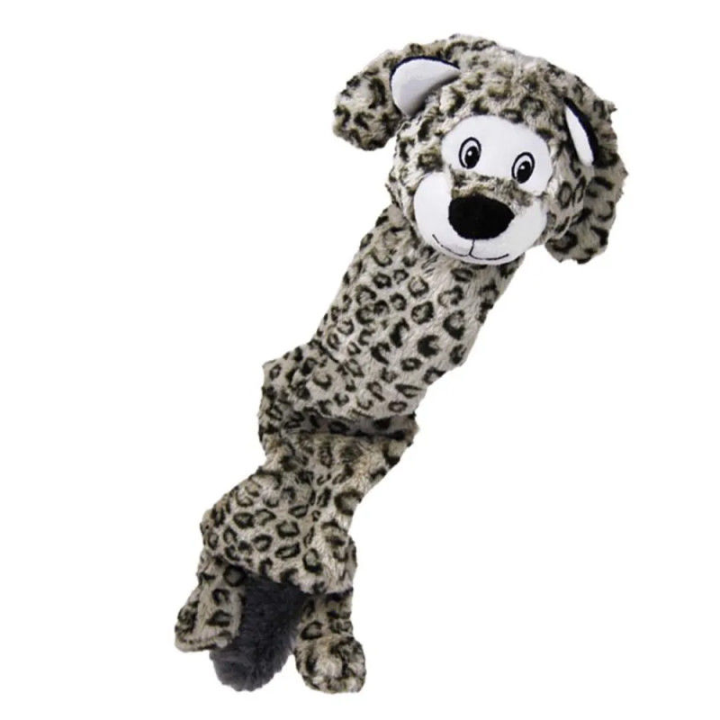 Peluche para perros KONG Skinny Peltz con estampado de leopardo, diseño sin relleno, felpa suave y chirriadores múltiples.