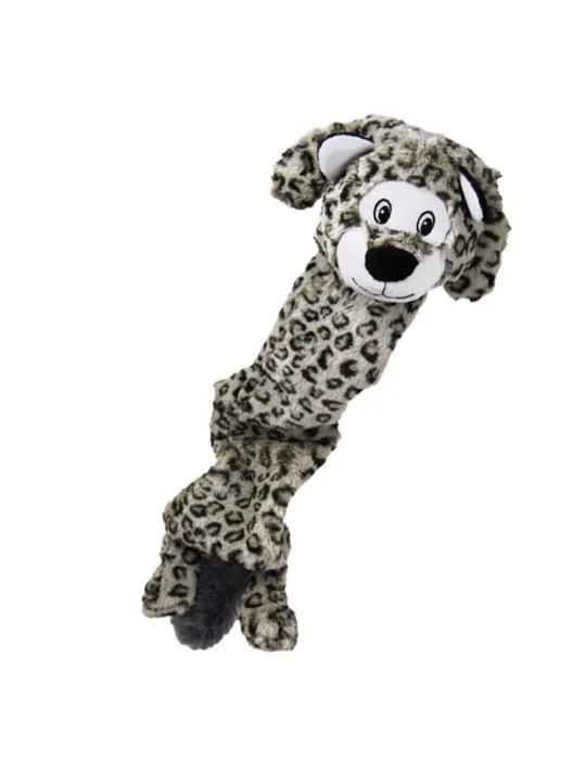 Peluche para perros KONG Skinny Peltz con estampado de leopardo, diseño sin relleno, felpa suave y chirriadores múltiples.