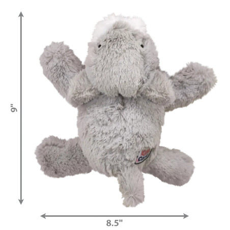 Dimensiones del juguete KONG Cozie Pastel Lobo Gris: 21,6 cm de alto por 21,6 cm de ancho