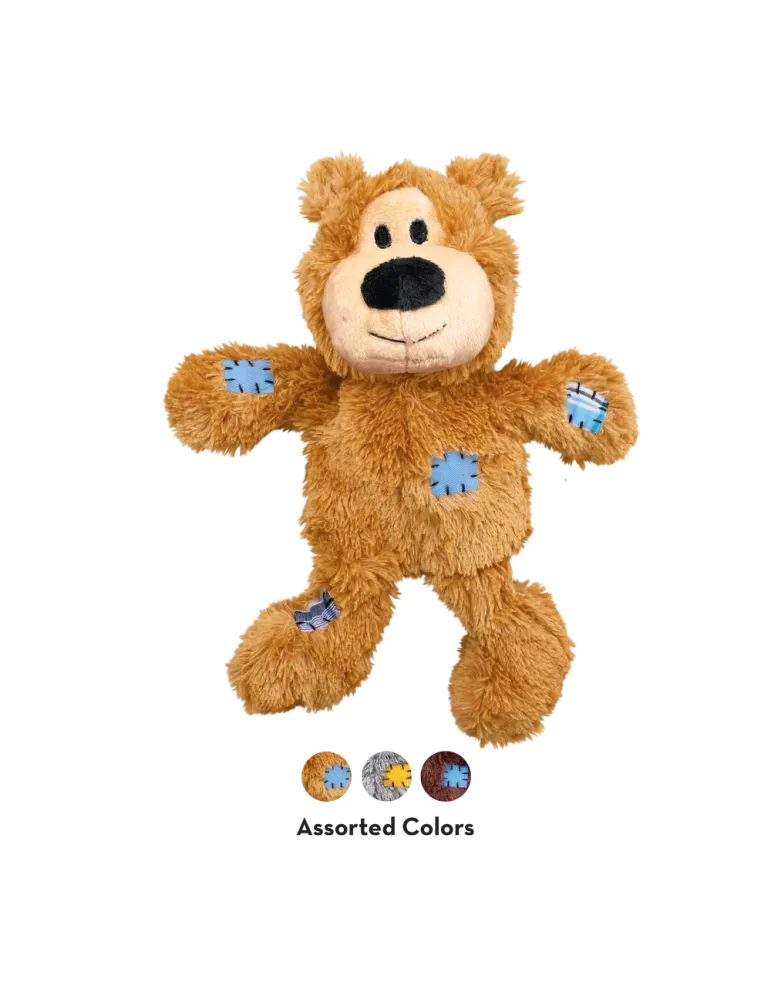 Juguete KONG Wild Knots para perro con forma de oso marrón con parches azules, sin etiqueta