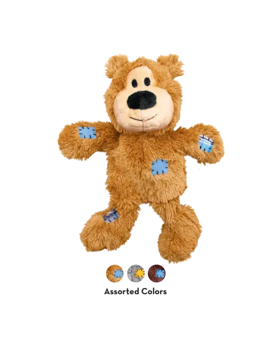 Juguete KONG Wild Knots para perro con forma de oso marrón con parches azules, sin etiqueta