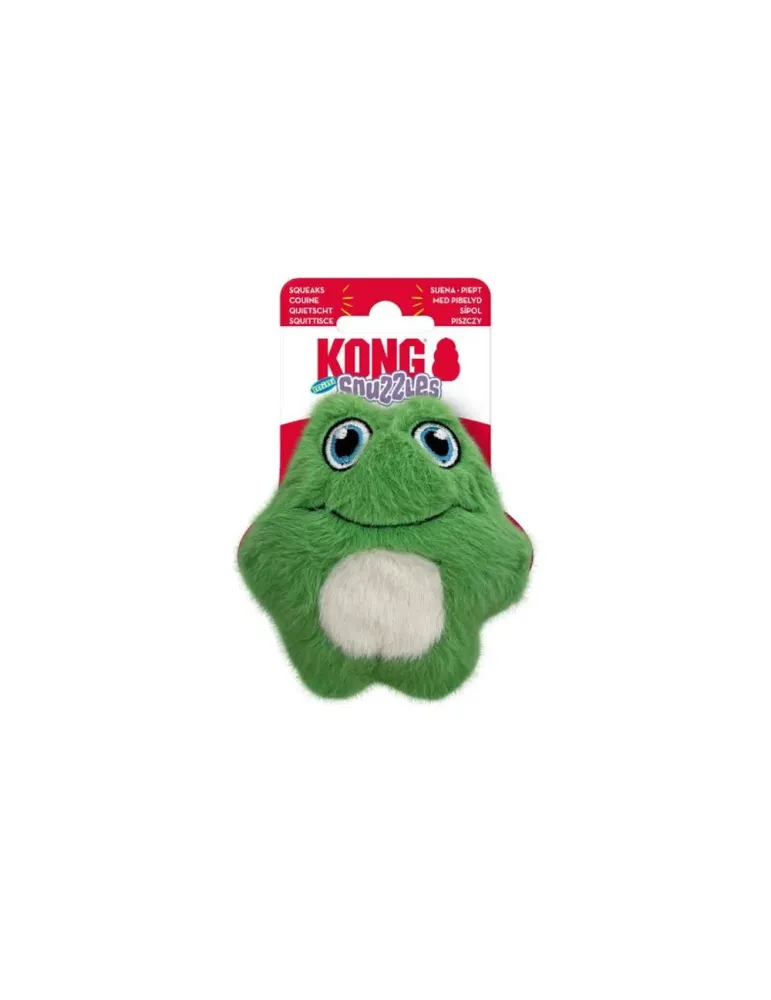 Peluche KONG Snuzzles en forma de rana verde con ojos grandes y panza blanca.
