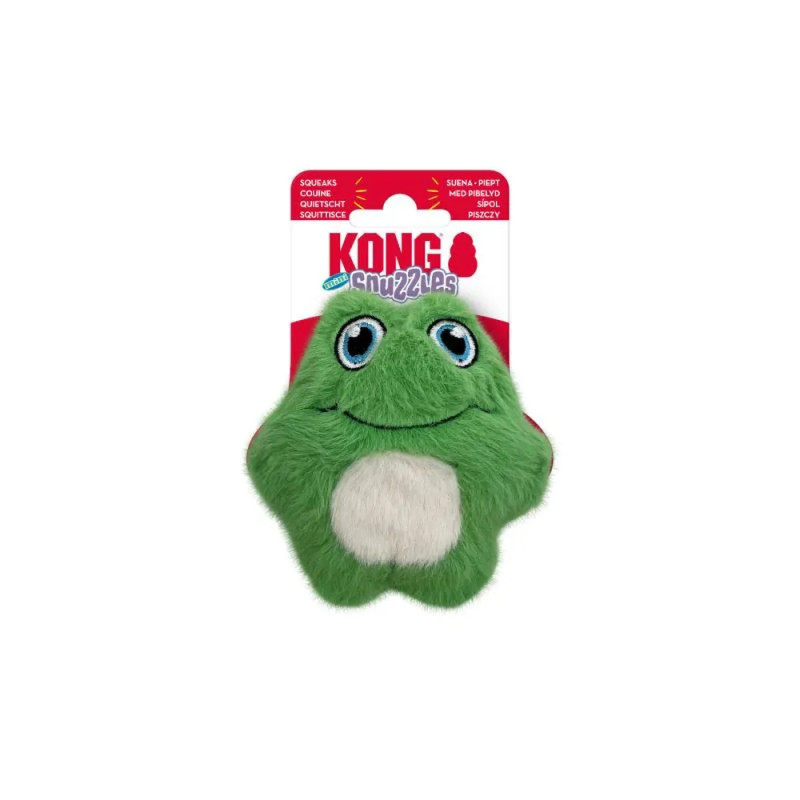 Peluche KONG Snuzzles en forma de rana verde con ojos grandes y panza blanca.