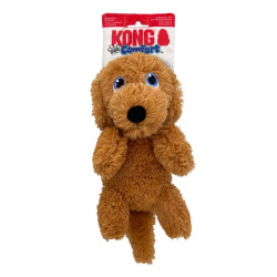 Peluche para perros KONG Comfort Tykes perro marrón, felpa ultra suave, chirriador tipo gruñido extraíble, con etiqueta visible.