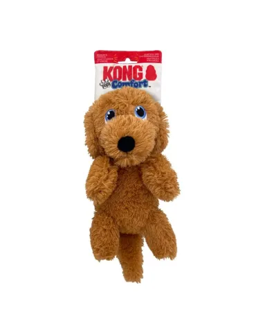 Peluche para perros KONG Comfort Tykes perro marrón, felpa ultra suave, chirriador tipo gruñido extraíble, con etiqueta visible.