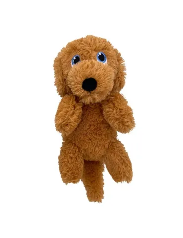Peluche para perros KONG Comfort Tykes perro marrón, felpa ultra suave, chirriador tipo gruñido extraíble, con etiqueta visible. 2