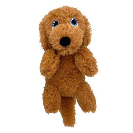 Peluche para perros KONG Comfort Tykes en forma de perro marrón, sin etiqueta, felpa suave y chirriador removible.