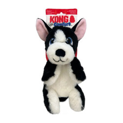 Peluche KONG Comfort Tykes perro blanco y negro, felpa ultra suave, detalles bordados y chirriador tipo gruñido extraíble, con e