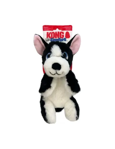 Peluche KONG Comfort Tykes perro blanco y negro, felpa ultra suave, detalles bordados y chirriador tipo gruñido extraíble, con e