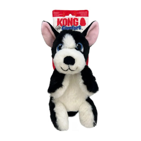 Peluche KONG Comfort Tykes perro blanco y negro, felpa ultra suave, detalles bordados y chirriador tipo gruñido extraíble, con e