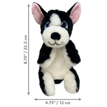 Peluche para perros KONG Comfort Tykes Perro blanco y negro con medidas: 22,2 cm de alto y 12 cm de ancho. Ideal para perros peq