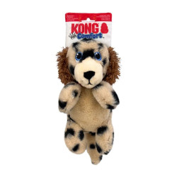 Peluche para perro KONG Comfort Tykes con forma de perrito beige con manchas negras y etiqueta visible.