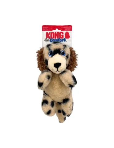 Peluche para perro KONG Comfort Tykes con forma de perrito beige con manchas negras y etiqueta visible.