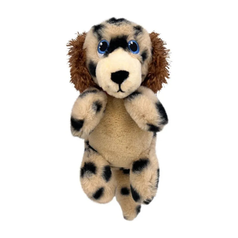 Peluche para perro KONG Comfort Tykes con forma de perrito manchado, sin etiqueta visible.