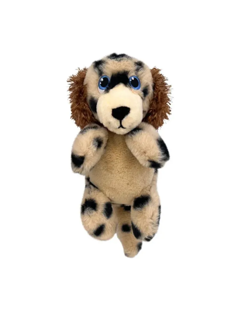 Peluche para perro KONG Comfort Tykes con forma de perrito manchado, sin etiqueta visible.