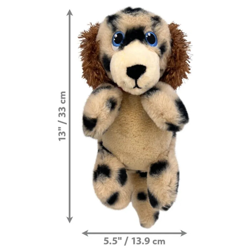 Dimensiones del peluche KONG Comfort Tykes en forma de perro manchado: 33 cm de alto y 13,9 cm de ancho.