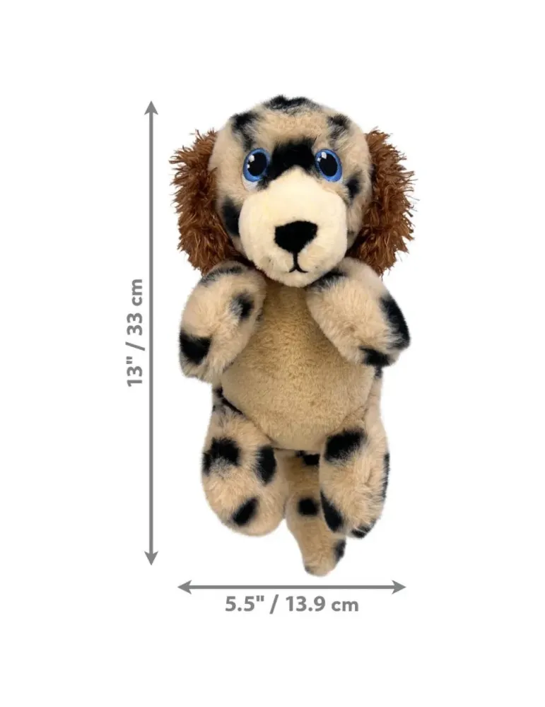 Dimensiones del peluche KONG Comfort Tykes en forma de perro manchado: 33 cm de alto y 13,9 cm de ancho.