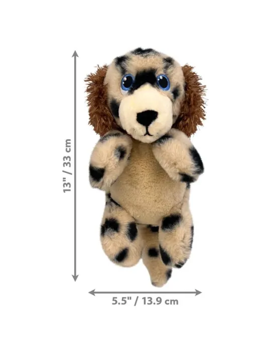 Dimensiones del peluche KONG Comfort Tykes en forma de perro manchado: 33 cm de alto y 13,9 cm de ancho.