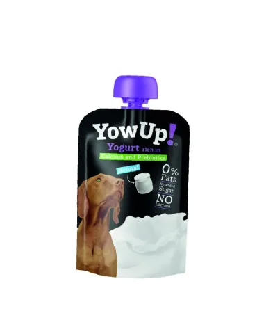Yogur para perros, envase modosis, con tapon morado, un perro marrón en la foto junto a un yogurt y leche, con toda la descripci