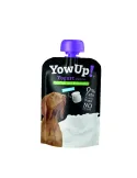 Yogur para perros, envase modosis, con tapon morado, un perro marrón en la foto junto a un yogurt y leche, con toda la descripci