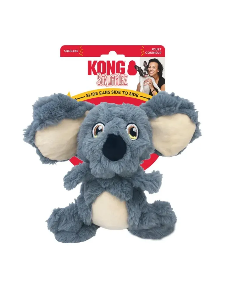 Peluche para perros KONG Scrumplez Koala, felpa gris arrugada, orejas deslizantes y chirriador, presentado con etiqueta en embal