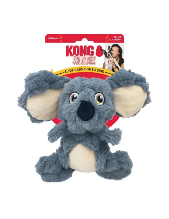 Peluche para perros KONG Scrumplez Koala, felpa gris arrugada, orejas deslizantes y chirriador, presentado con etiqueta en embal