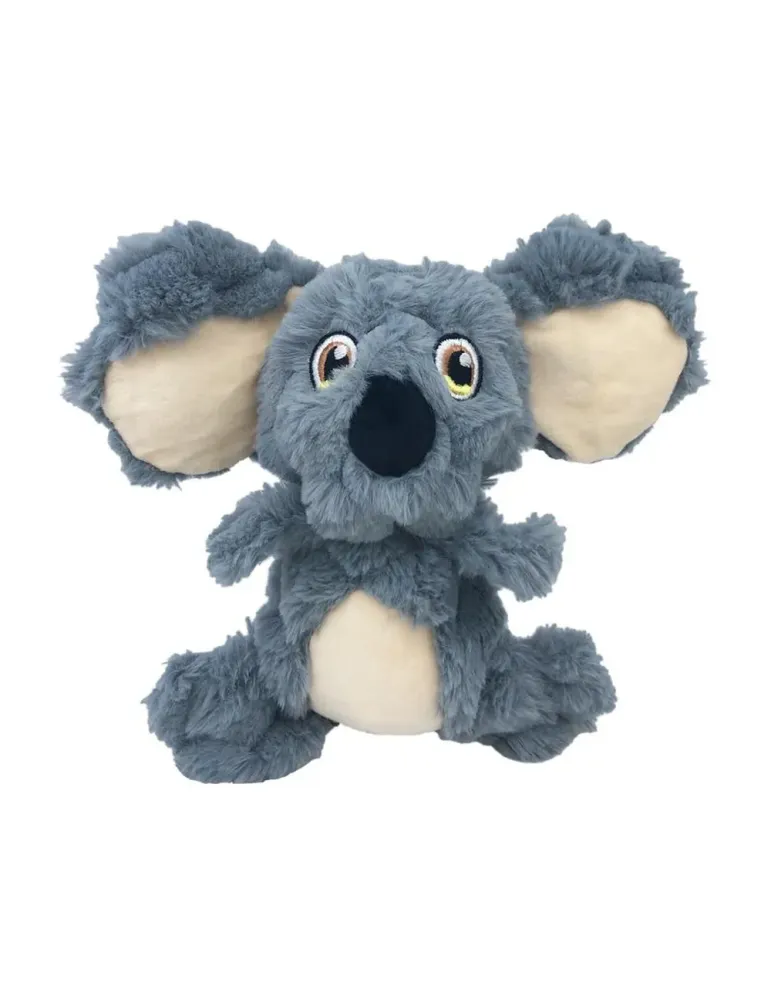 Peluche para perros KONG Scrumplez Koala sin etiqueta, textura arrugada en felpa gris, orejas grandes deslizantes y diseño tiern