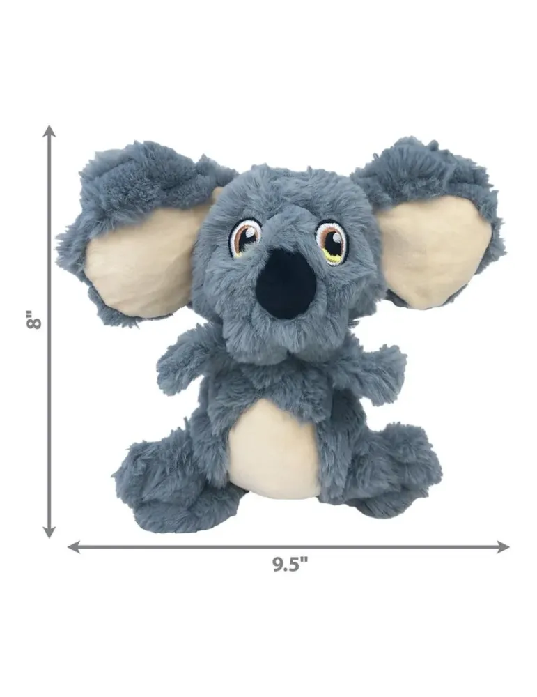 Dimensiones del peluche para perros KONG Scrumplez Koala: 20,3 cm de alto por 24,1 cm de ancho. Juguete de felpa gris suave con 